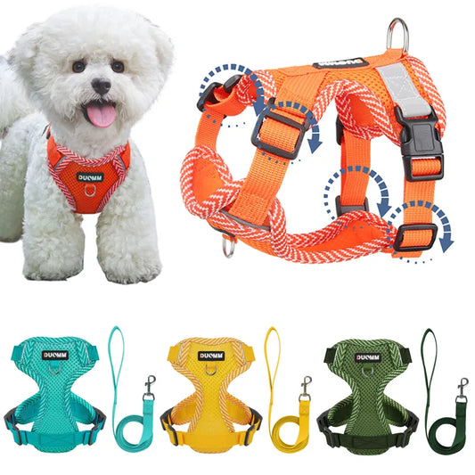 Reflective Mesh Dog Harness Set: Adjustable 4-Point Harness and Leash