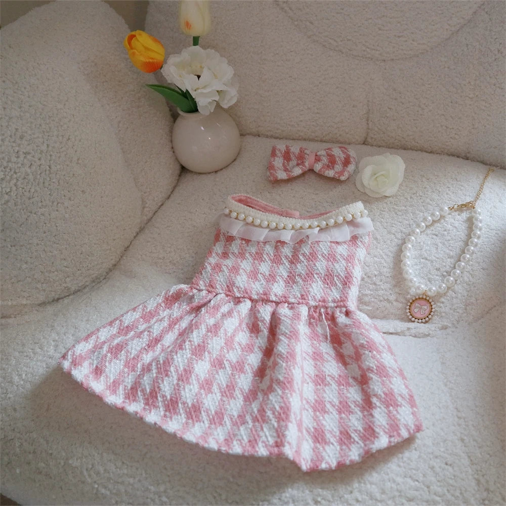 Pearl-Neck Puppy Plaid Wool Dress