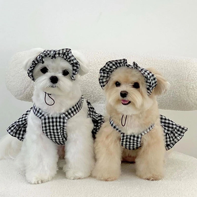 Summer Chic Cute Plaid & Striped Pet Dress Set with Suspender Skirt, Hat, and Vest