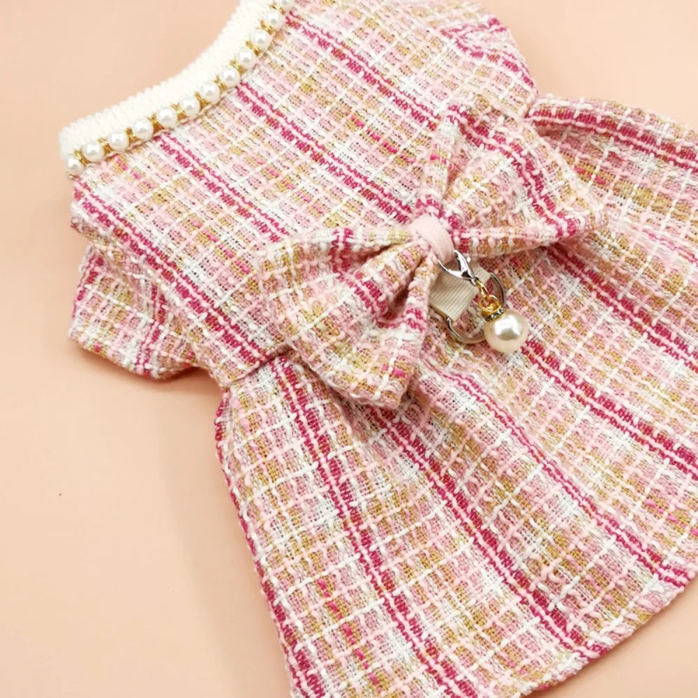 Pearl-Neck Puppy Plaid Wool Dress