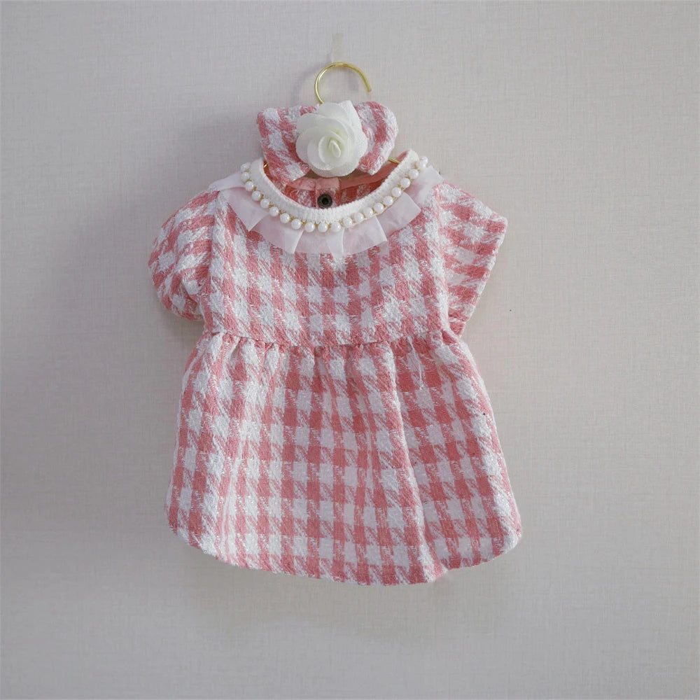 Pearl-Neck Puppy Plaid Wool Dress